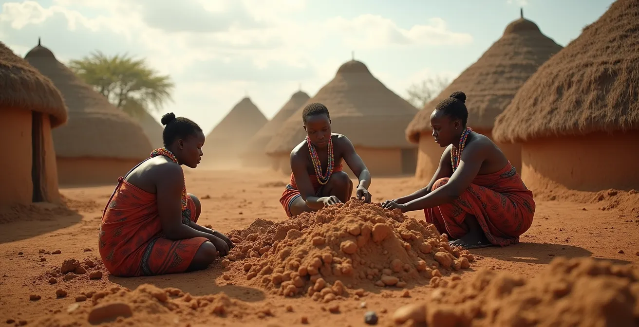 Mujeres masái construyendo una casa tradicional manyatta en su poblado
