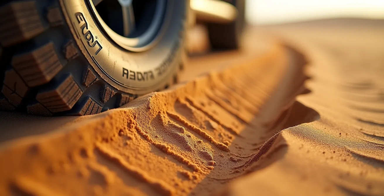 Detalle macro de neumático 4x4 deformado sobre arena dorada del desierto