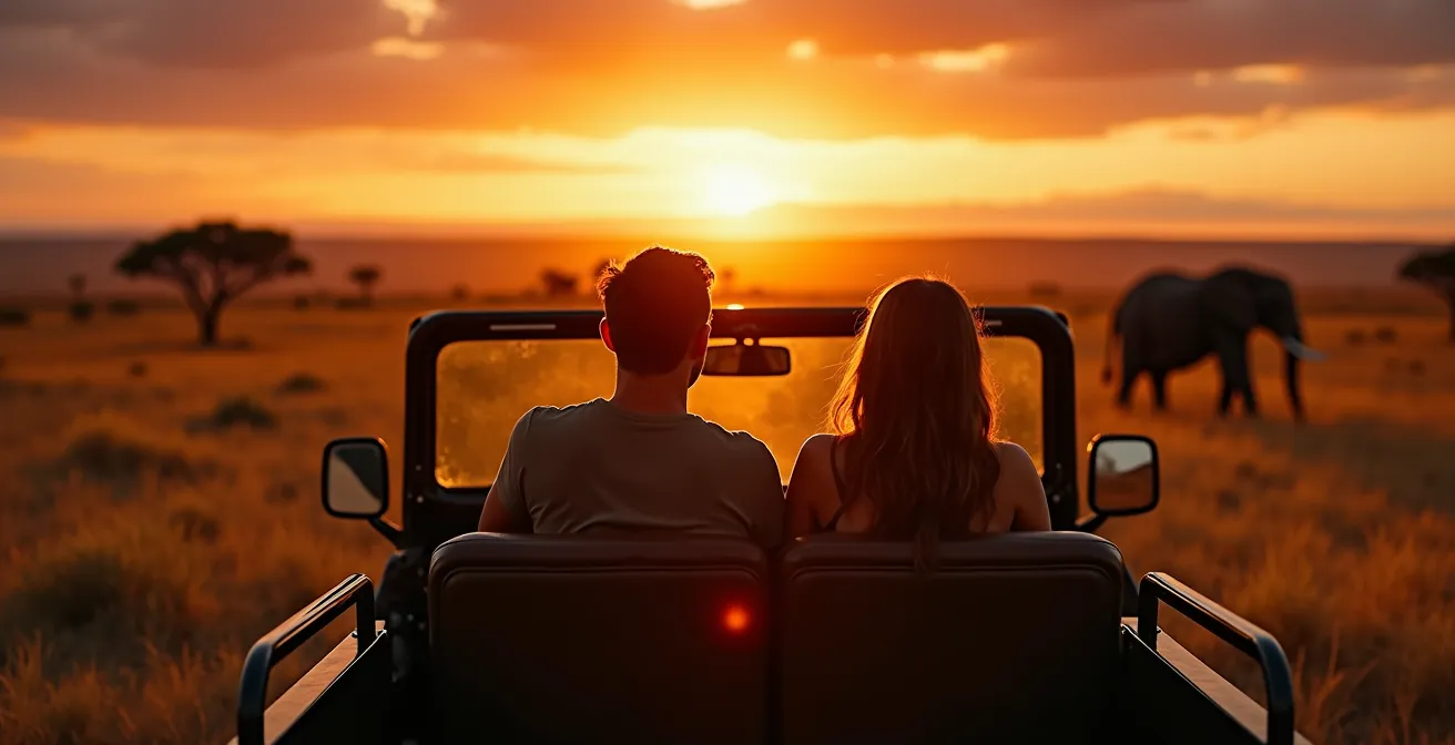 Pareja sola en jeep 4x4 contemplando el atardecer dorado en la sabana africana