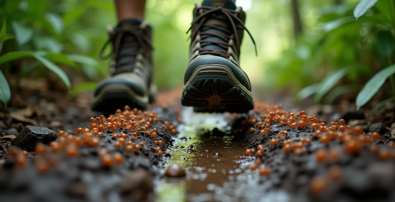 Sistema de protección contra insectos en la selva ugandesa mostrando capas de defensa