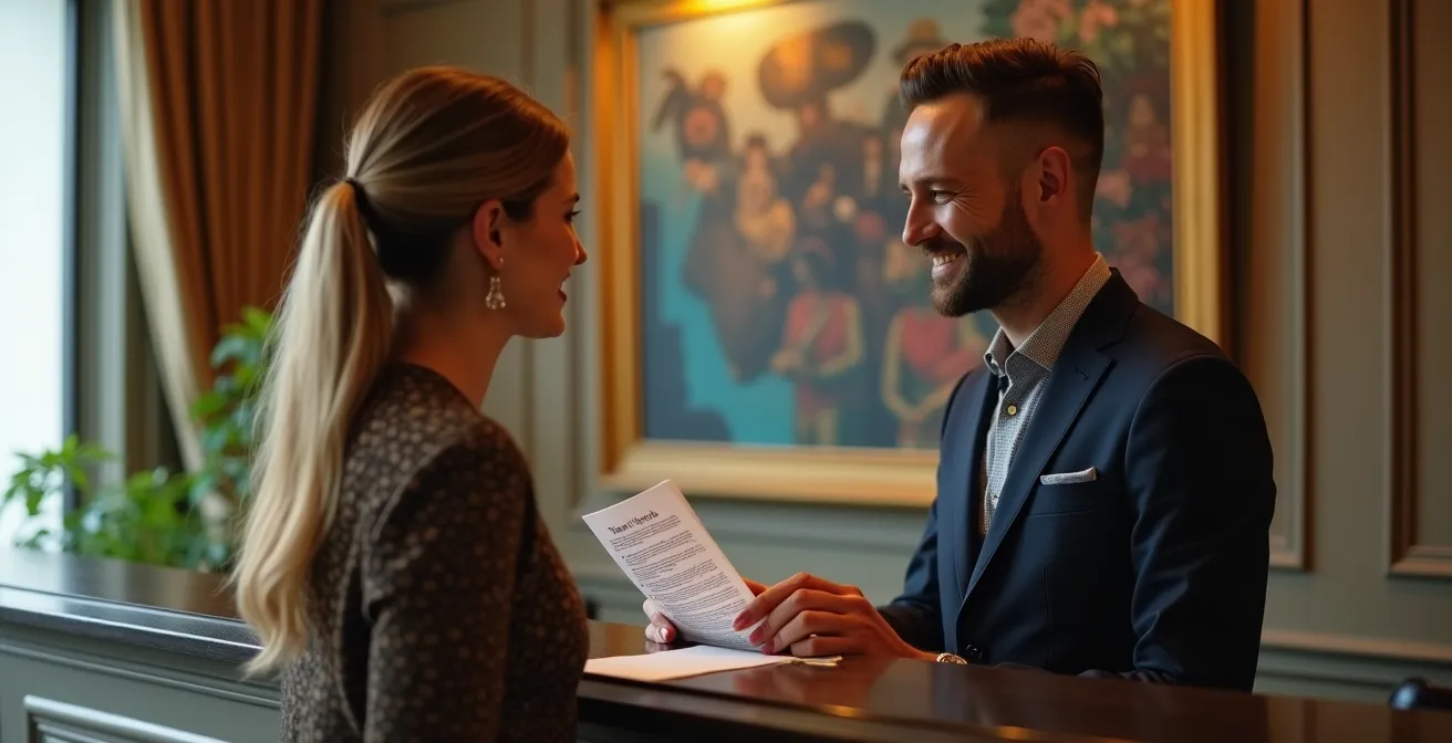 Recepcionista de hotel boutique en conversación íntima con huésped mostrando recomendaciones locales personalizadas