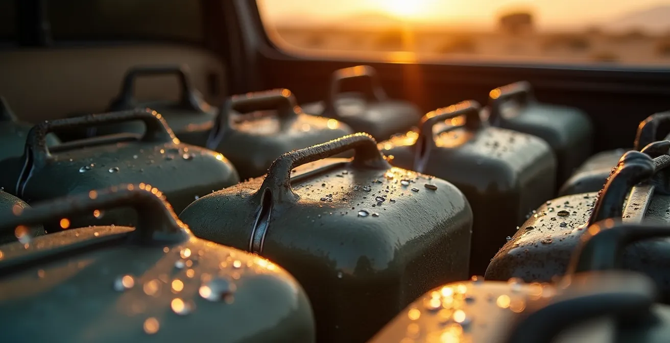 Bidones de agua apilados en maletero de 4x4 con paisaje desértico de fondo
