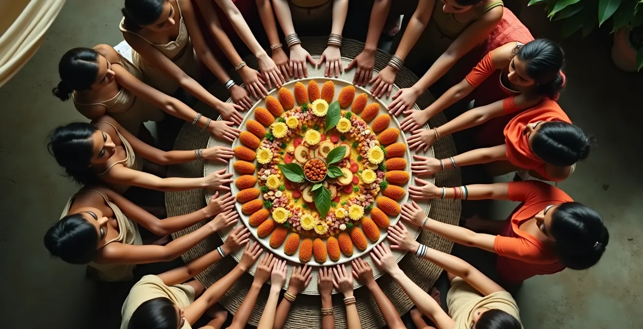 Familia africana y visitantes españoles compartiendo comida tradicional de un plato común usando las manos