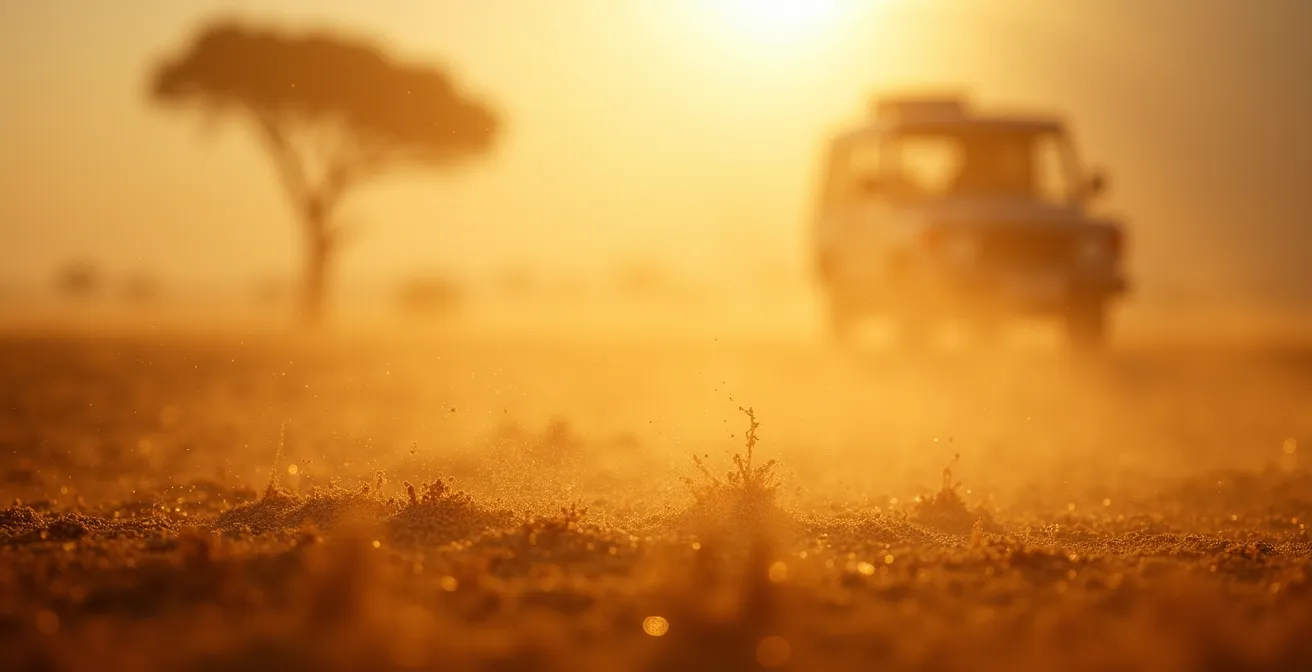 Macro detalle de polvo dorado flotando en la luz del atardecer africano, creando un efecto poético.