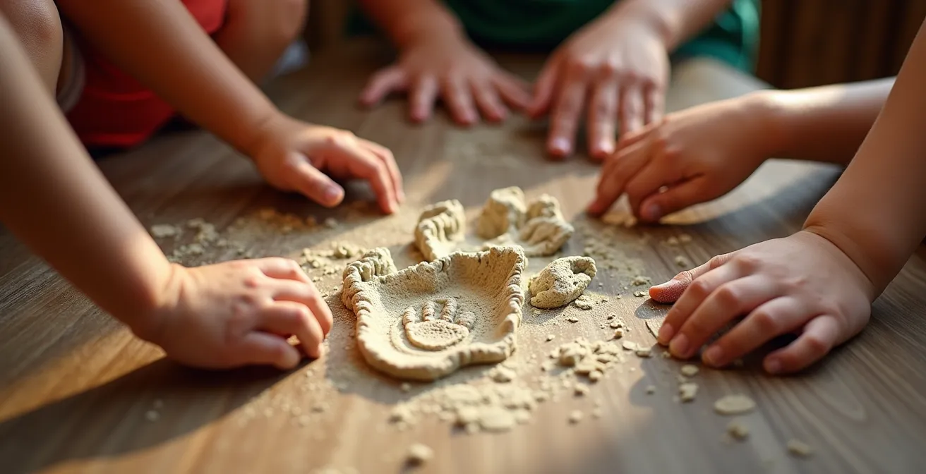 Niños haciendo moldes de huellas de animales con guía en lodge africano