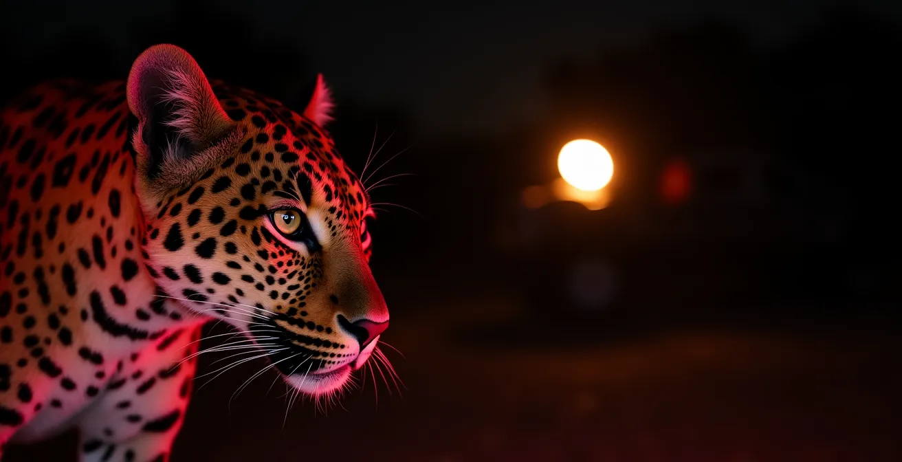 Vehículo safari nocturno iluminando leopardo con filtro de luz roja en reserva privada africana