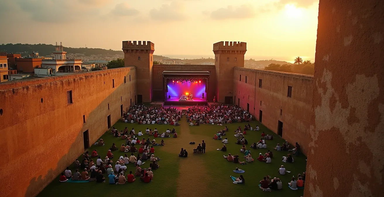 Festival Sauti za Busara en el histórico Fuerte de Stone Town con músicos africanos en escenario al atardecer