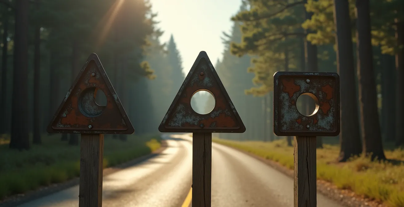 Señalización típica de pistas forestales mostrando diferentes niveles de restricción de acceso en parques naturales españoles