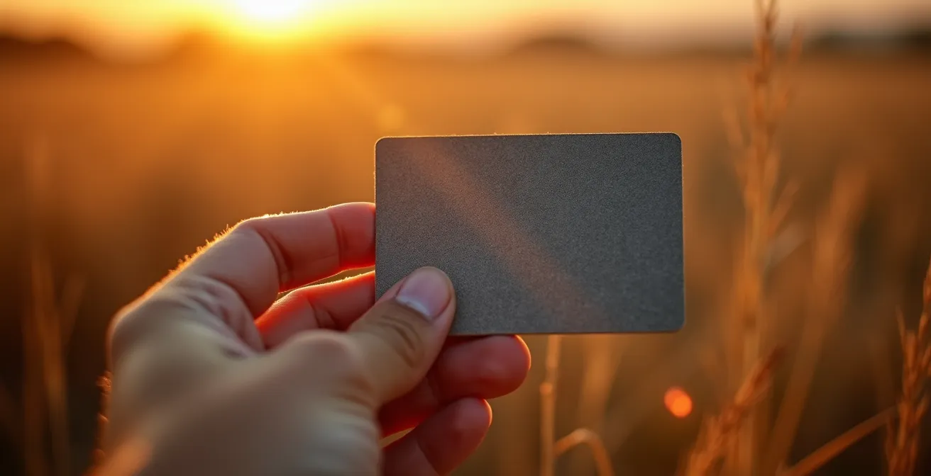 Mano sosteniendo tarjeta de gris neutro bajo luz dorada del atardecer africano con paisaje de sabana desenfocado al fondo