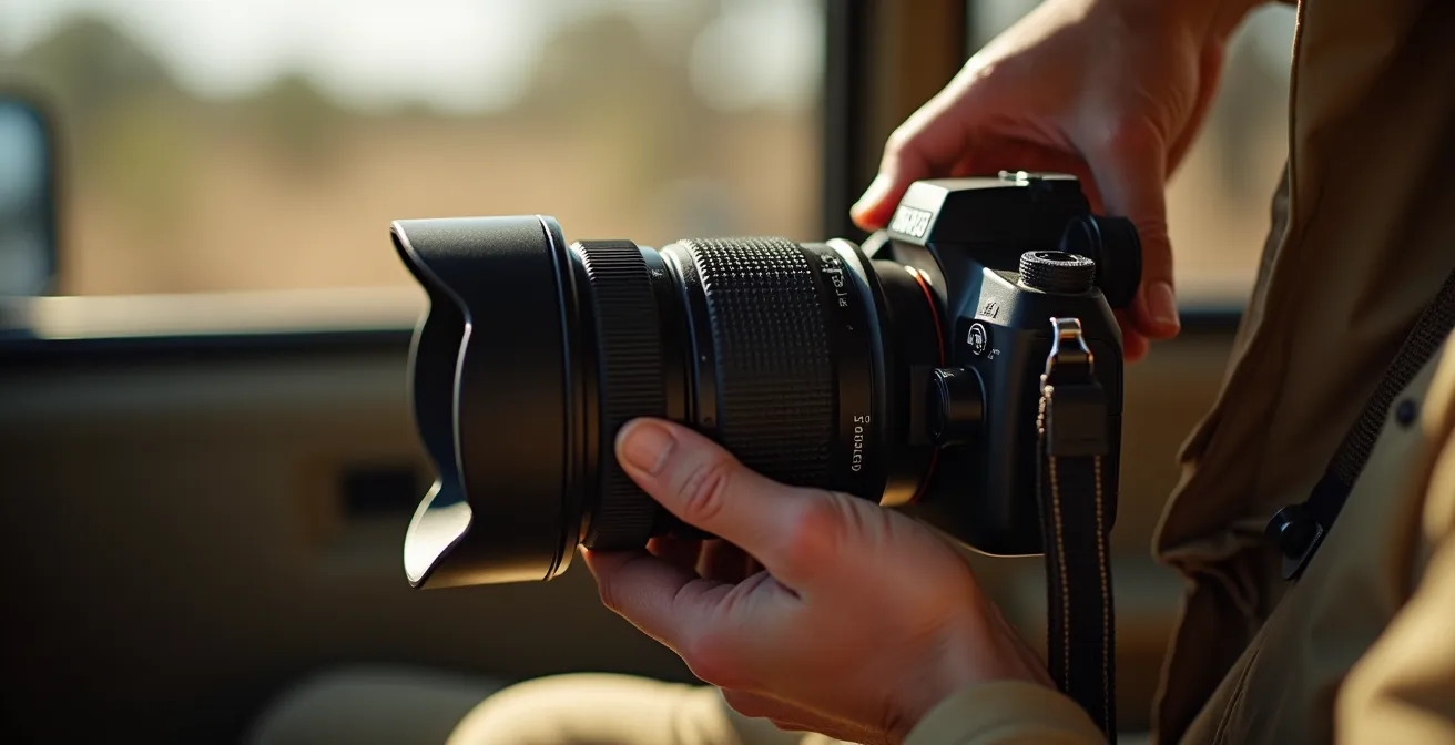 Manos de fotógrafo cambiando objetivo con cámara mirando hacia abajo dentro del vehículo, protegiendo el sensor del polvo