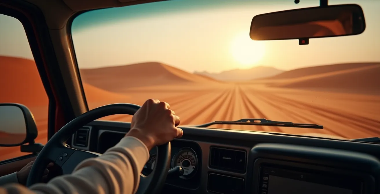 Vista posterior de un 4x4 siguiendo roderas en la arena hacia Deadvlei