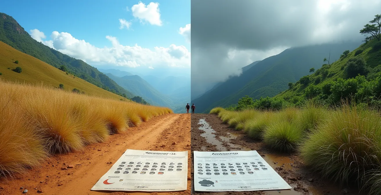 Comparación visual de senderos de montaña en Uganda durante temporada seca y lluviosa