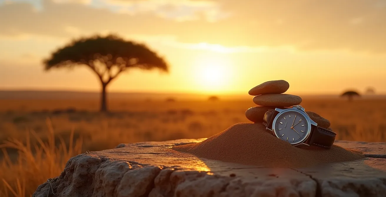 Contraste visual entre reloj occidental y ritmo natural africano