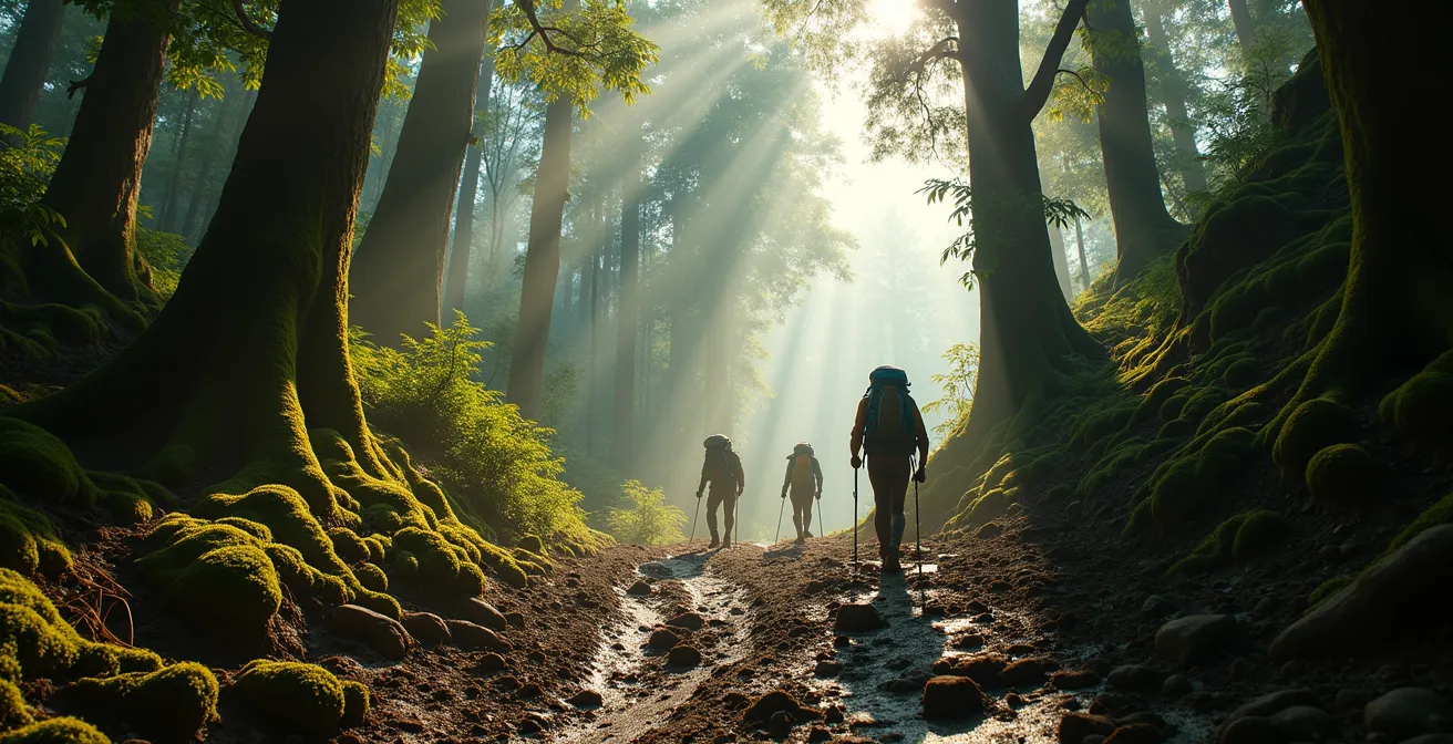 Senderistas atravesando la densa vegetación del bosque de Bwindi con bastones de trekking