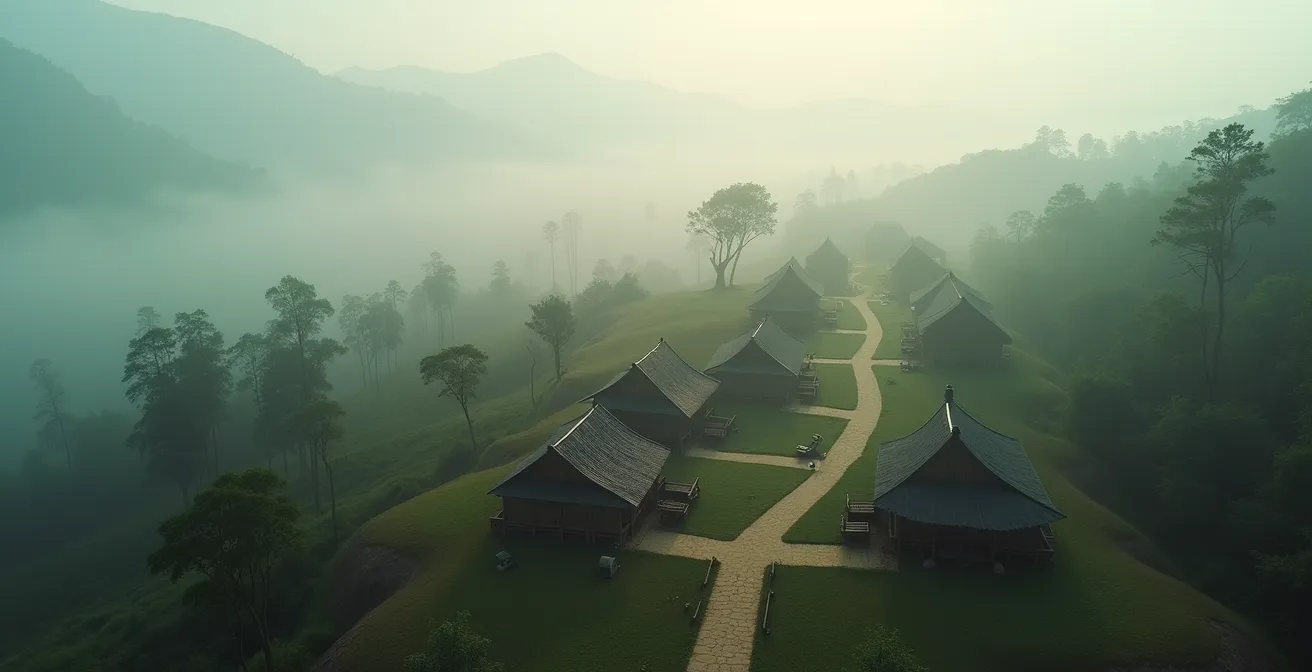Vista amplia de alojamiento comunitario tradicional integrado en el paisaje natural