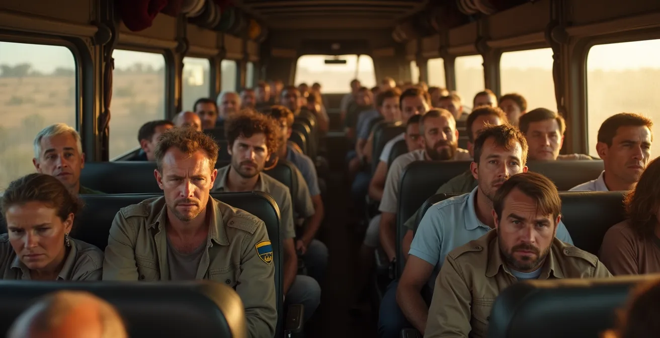 Interior de un camión de safari abarrotado con turistas visiblemente cansados al atardecer