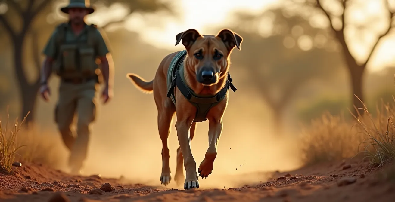 Perro rastreador con su guía en terreno de sabana africana durante operación de protección de rinocerontes