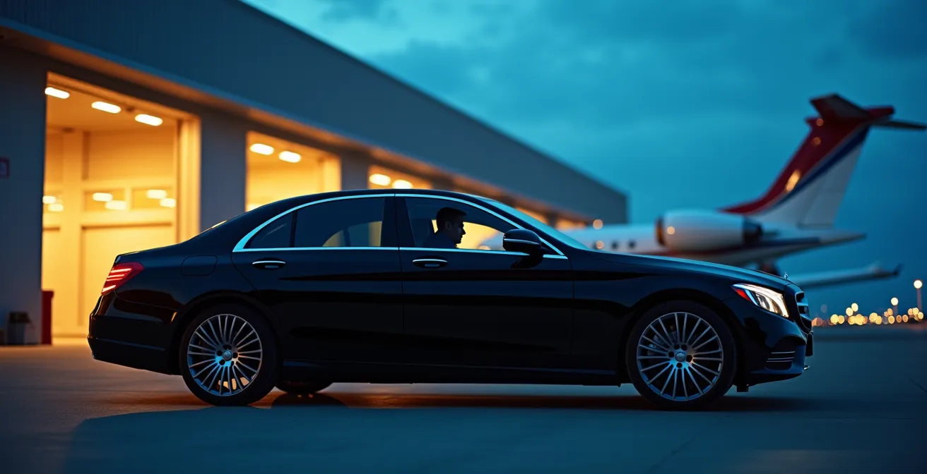Vehículo de lujo discreto en zona de hangares privados del aeropuerto